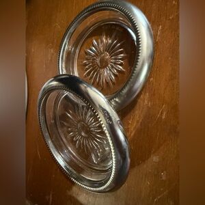 Set of 2  Leonard vintage Glass Coasters with Silver plated Rims